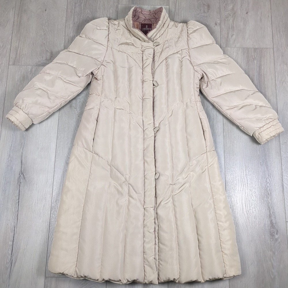 Vintage J Gallery Down Coat Womens Medium Beige Duck Puffer Quilted Full Zip 80s